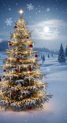 Illuminated Christmas tree decorated with baubles and icicles in a snowy landscape under a full moon
