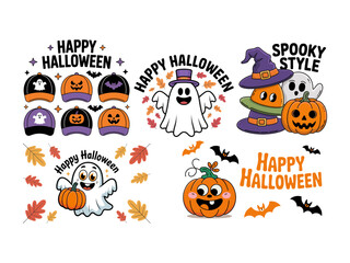 Colorful Halloween themed bucket hats decorated with pumpkins, ghosts, bats, and spooky patterns.