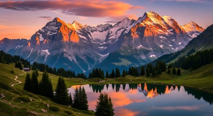 Majestic snow capped mountain range bathed in golden sunset light reflecting in a calm alpine lake