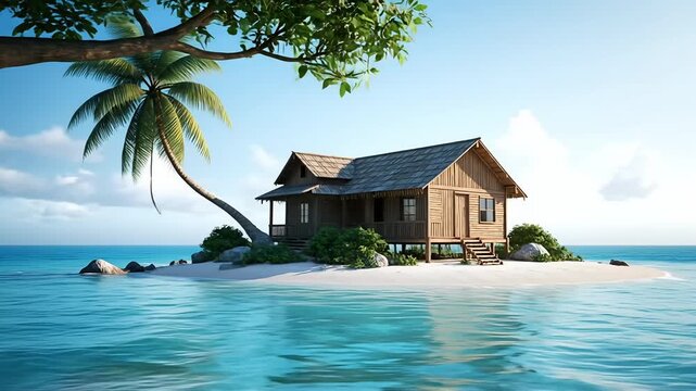 Serene tropical island paradise features a charming wooden bungalow nestled amidst lush greenery with a leaning palm tree swaying over crystal blue ocean waters under a clear sky, evoking ultimate rel