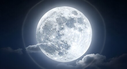 Large bright full moon illuminated against a dark night sky with wisps of clouds and subtle celestial halo