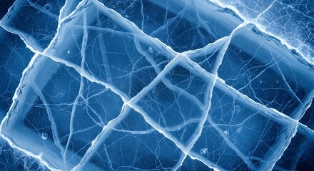 Close up view of fractured blue ice with intricate patterns and trapped air bubbles