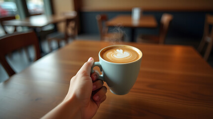 A person’s hand holding a steaming coffee cup against a blurred cafe background.