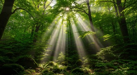 Sunbeams stream through a dense green forest canopy illuminating moss covered rocks and ferns