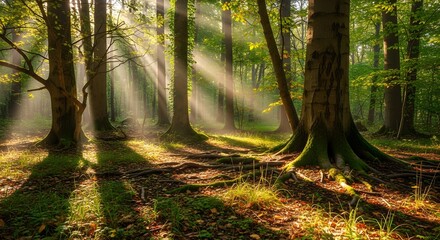 Sunlight beams through dense forest canopy illuminating mossy tree roots and forest floor