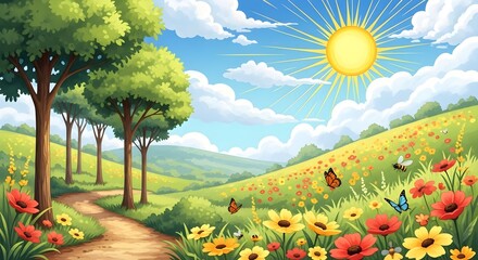 Sunny meadow with colorful wildflowers butterflies bees and trees beside a dirt path