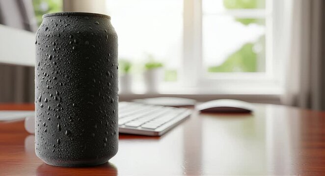 Chilled beverage can with condensation sits on a wooden desk next to a keyboard and mouse, bathed in soft natural light from a window