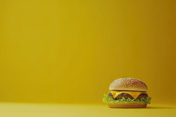A single cheeseburger is presented against a vibrant yellow backdrop, highlighting the food's texture and appetizing qualities.