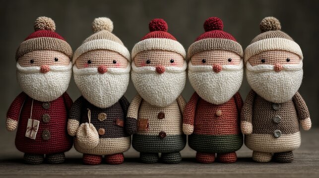 Handcrafted knitted santa dolls in festive attire for holiday decor