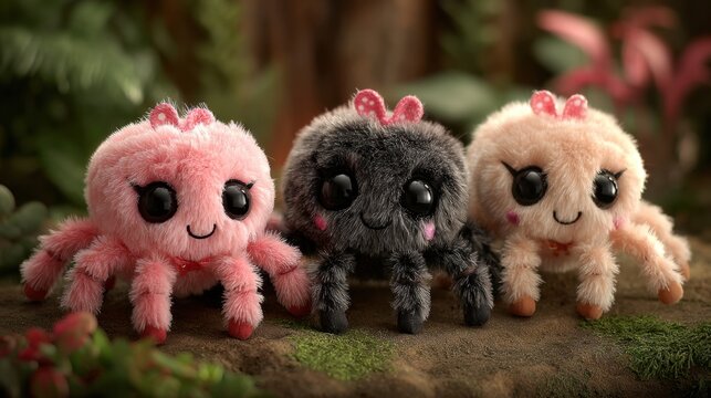 Cute plush spider trio in enchanting forest setting for children's room decor - Powered by Adobe