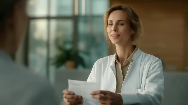 healthcare worker handing patient a printed schedule with multiple specialty visits system complexity human help three quarter wide angle cinematic color correction gentle