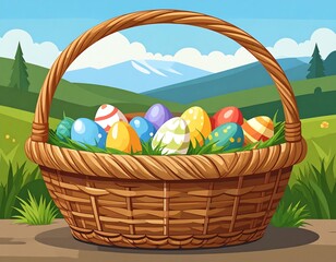 Easter basket filled with colorful eggs in a grassy meadow