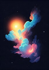 A vibrant, abstract depiction of celestial energy radiating outward from a luminous core, filled with layered, textured shapes of teal, peach, and violet hues against a deep black cosmic backdrop.