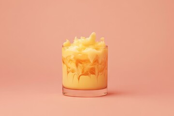 A glass tumbler filled with a creamy, light orange drink displays swirling caramel-colored patterns on top.