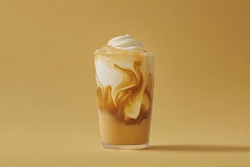 A tall glass of iced coffee drink, featuring swirled patterns of brown and cream, topped with a fluffy layer of whipped cream, set against a neutral background.