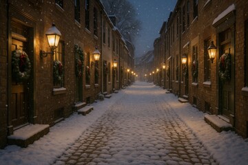 Fototapeta premium Snow falls on a street of brick buildings with lights and wreaths.
