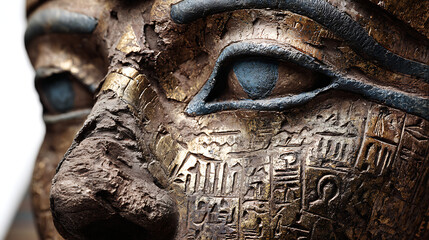 Closeup of an ancient egyptian sarcophagus mask, showcasing intricate details, hieroglyphs, and the serene expression of the pharaoh, isolated on white background