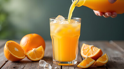 Hand pouring fresh orange juice into a glass, with oranges and slices on the table.