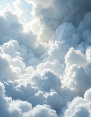 A vast expanse of cumulus clouds fills the sky, showcasing soft, light-filled hues of white and pale blue.