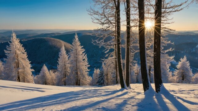 A winter wonderland panorama showcases frosted trees silhouetted against a sunrise over a snow-dusted mountain range.