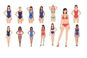 Fototapeta premium Young Woman in Swimsuit Having Slim Body Standing and Posing Vector Set 