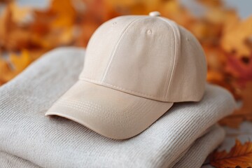 Blank beige cap on folded sweater with autumn leaves background, seasonal mockup concept