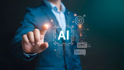 Man in suit touching ai interface with target and chat icons on a dark teal background image