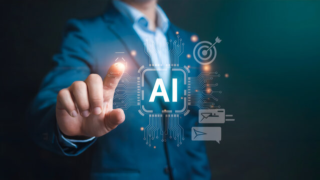 Man in suit touching ai interface with target and chat icons on a dark teal background image