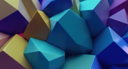 A vibrant collection of multifaceted geometric shapes in a spectrum of colors.