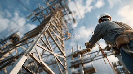 Electrician engineer tests electrical installations. Worker on high voltage electric transmission tower Adjustment of scheme of automation and control of electrical equipment on Electric Power Pole