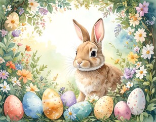 Easter bunny surrounded by flowers and eggs