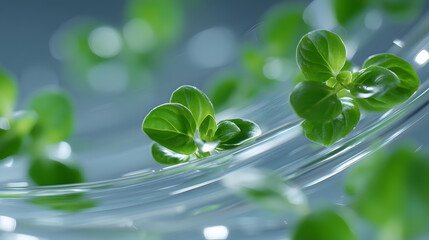 Water and Life: Captured the tranquil scene of verdant sprigs delicately placed amidst rippling water, with soft-focused background light and macro details.