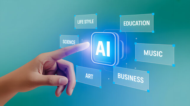 A hand interacting with ai interface displaying various categories on a blue and green background
