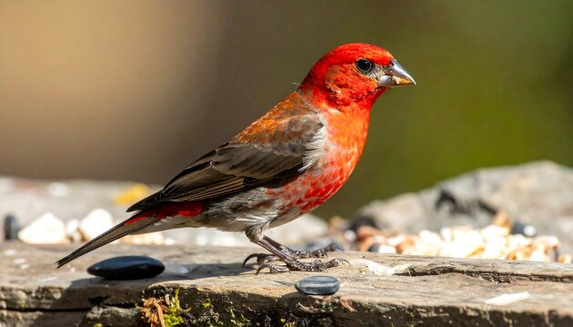 A vibrant red bird, a common linnet, perches on a weathered wooden surface, showcasing its rich plumage and natural surroundings.