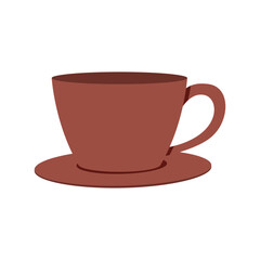 A simple illustration of a brown coffee cup and saucer on a white background