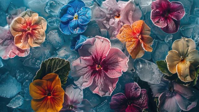 Close-up shot of colorful flowers growing on icy surface