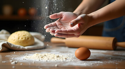 Hands sprinkling flour over a wooden table with rolling pin, eggs, and dough visible.