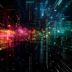 Obraz premium Abstract digital cityscape with vibrant neon lights and data streams