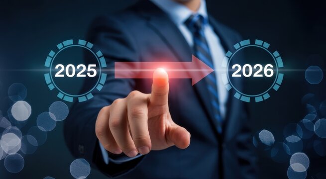 Navigating the Future: A business professional's hand triggers a digital arrow, signifying progress and strategic planning, forecasting the years 2025-2026.