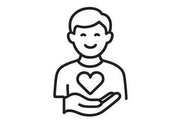 Man holds heart in hand. Vector line icon of love, care, kindness, and compassion. Symbol for charity, donation, volunteering, support, and social help. Health care concept.
