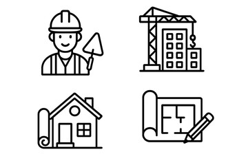 Construction line icon set. Building industry concept with worker, crane, house, blueprint. Architecture and engineering symbols. Real estate development vector graphics.