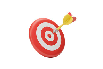 Dart hitting the bullseye of a red and white target on a black studio background on transparent background