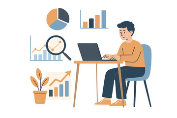 Data analysis concept. Man working on laptop with charts and graphs. Business analytics, market research, financial report, statistics. Infographic data visualization. Growth.