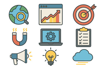 Business icon set for digital marketing and strategy. SEO, data analytics, and lead generation symbols. Includes target goal, startup idea, and cloud computing icons.