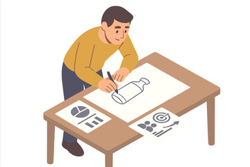 Man sketching new product with target audience in mind, using marketing data. New product development, idea phase, innovation, branding, packaging design, and strategy concept.