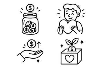 Charity and donation line icon set. Vector concepts of fundraising, giving money, volunteering, support and love. Illustrations for savings, investment, kindness and social help.