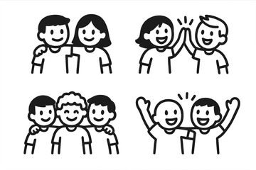 Friendship and community vector icon set. Teamwork and support concepts. Friends group together, high five, hug, and celebrate success. Happy cartoon character partnership.