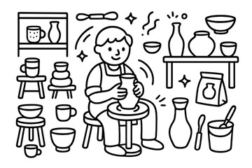 Pottery doodle concept. Man making ceramic pot on wheel. Handmade craft hobby. Artisan in workshop. Vector line art illustration set. Clay shaping creative process.
