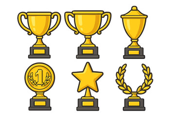 Gold trophy and awards vector icon set. Golden cup collection for winner. Champion prize illustration. First place celebration symbol. Victory and success concept design.