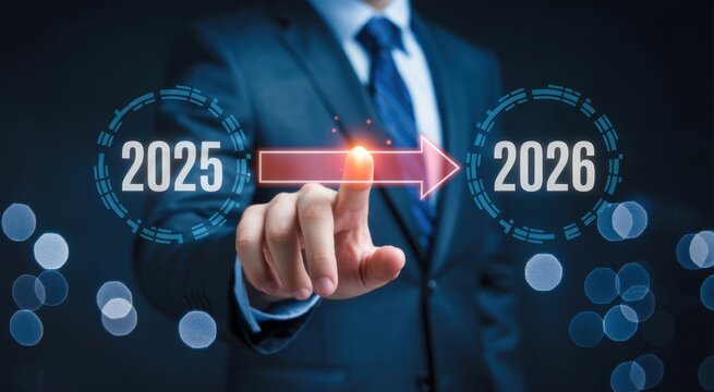 Visionary Business Strategy: An anonymous executive figure, in a well-tailored suit, envisions future year through a transparent interactive interface, highlighting strategic business foresight.